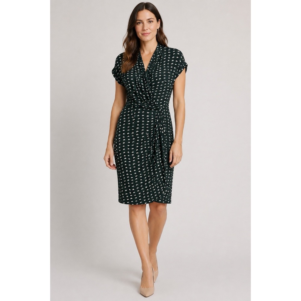 MM.LaFleur Faux Wrap Dress Size 6 Noel Sheath Swipe Green Ruched Italy #YZ2-8 - Picture 9 of 9